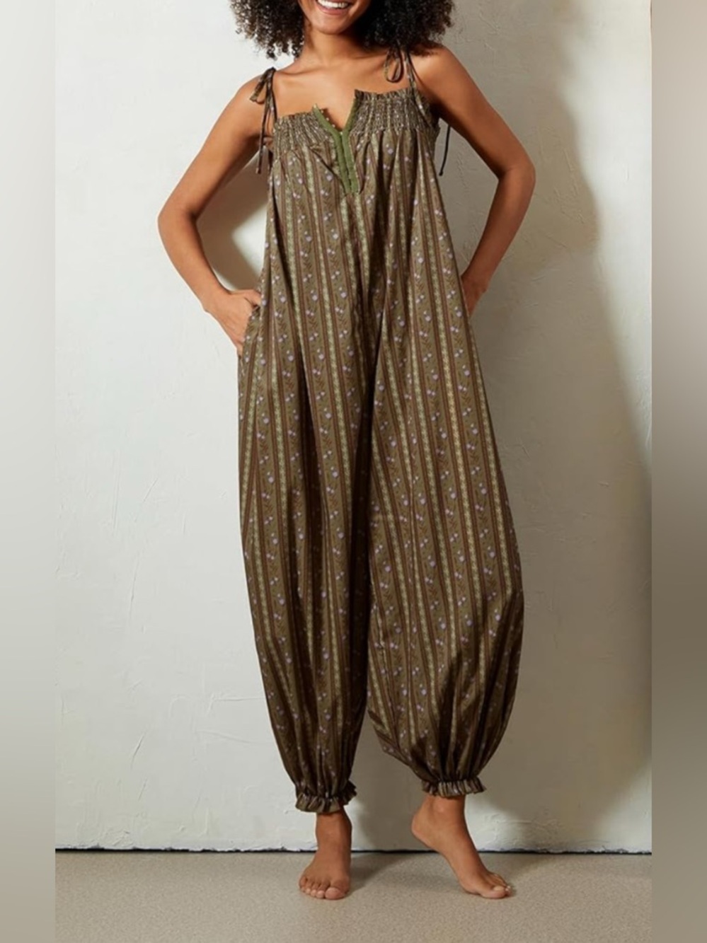 VGC- Medium festival Boho Brown Floral Maxi whimsical Jumpsuit Tie Straps